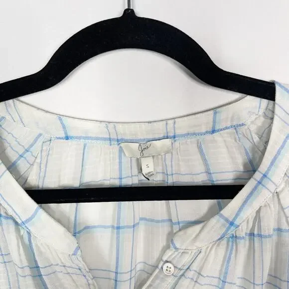 Joie S Ivory Blue Selima Plaid 3/4 Sleeve Blouse Top Split VNeck Button Cotton - Picture 8 of 11